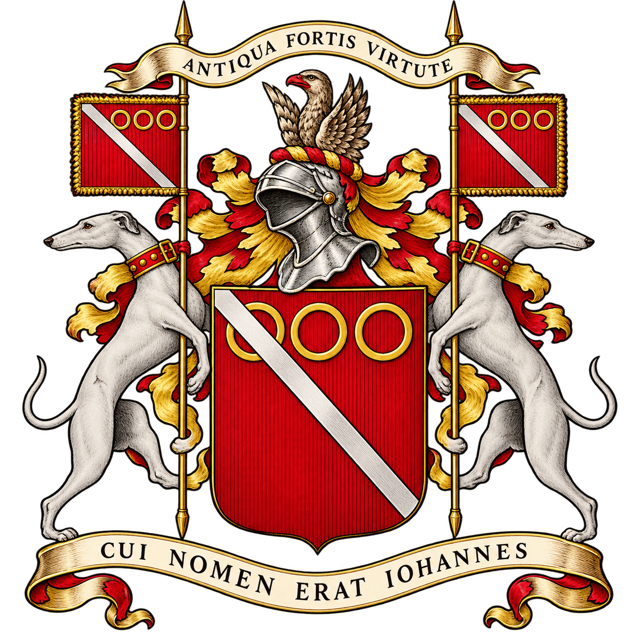 Blason Johanet : écu rouge aux trois anneaux d’or et à la bande argentée, soutenu par deux lévriers, avec un heaume et un épervier.