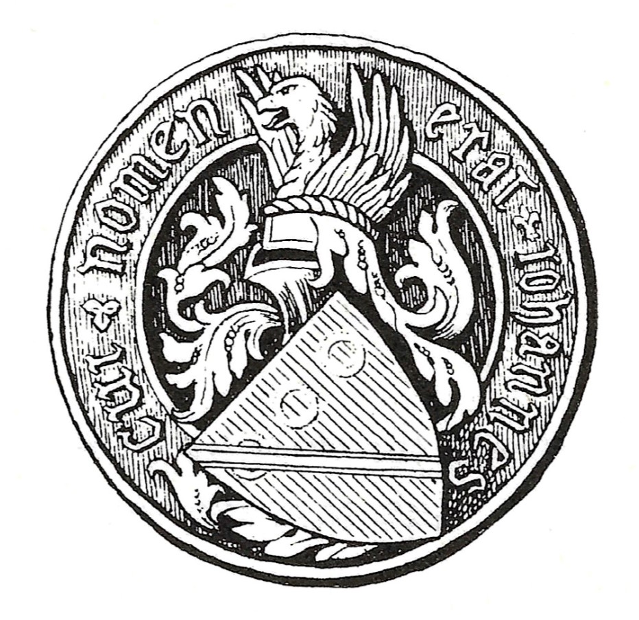 Blason rond Johanet en noir et blanc : écu incliné aux trois anneaux, heaume et cimier, entourés de la devise Cui nomen erat Iohannes.